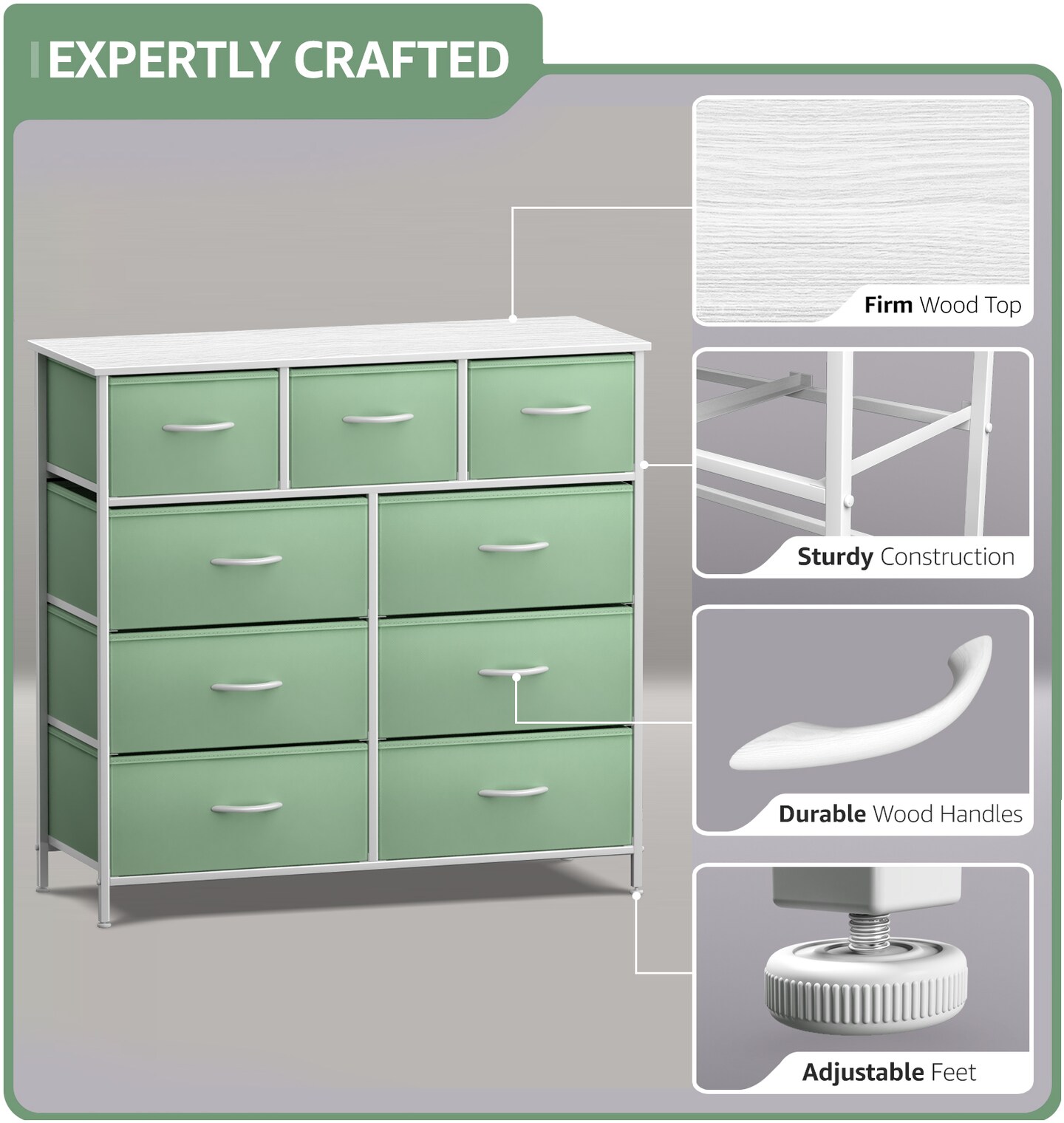 Sorbus Dresser with 9 Drawers - Furniture Storage Chest Tower Unit for Bedroom, Closet, etc - Steel Frame, Wood Top, Fabric Bins