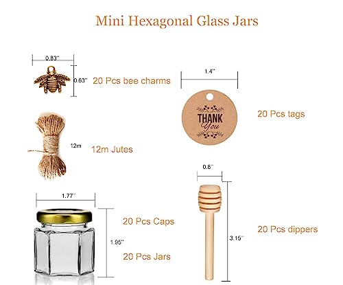 20 Pack Glass Honey Jars with Dipper - Gold Lids, Bee Pendants, Jutes, and Thank You Cards - Perfect for Baby Shower Favors, Wedding Favors, Party Favors