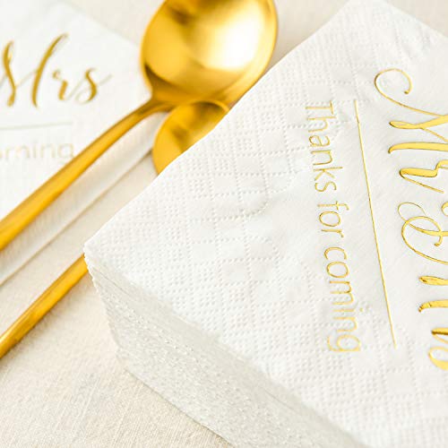 Crisky Napkins Mr and Mrs Gold Cocktail Beverage Dessert for Wedding Shower Engagement Party Decorations, Cake Table Decor Supplies. 100 Pcs, 3-Ply