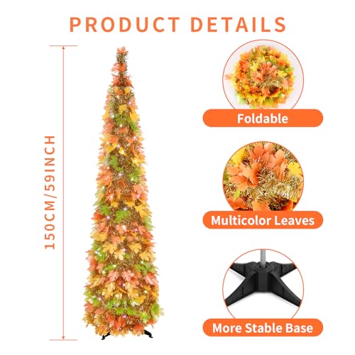 Fall Tree with Lights, 5ft Pop up Fall Trees for Porch Home Outdoors Holiday Thanksgiving Xmas Decorations
