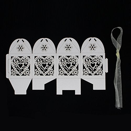 KPOSIYA 100 Pack Love Heart Laser Cut Wedding Party Favor Box Candy Bag Chocolate Gift Boxes Bridal Birthday Shower Bomboniere with Ribbons