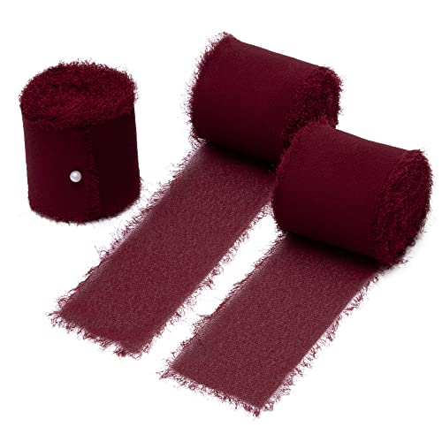 DORIS HOME 3 Rolls 2&#x22;x7Yd Fringe Chiffon Ribbon for Flower Bouquet, Handmade Burgundy Ribbon for Gift Wrapping, Frayed Edge Ribbon for Crafts, Decorating, Bouquet Wrap, Wedding Invitation