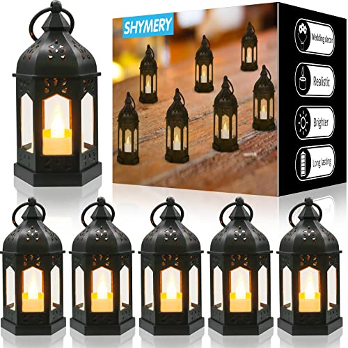 SHYMERY Mini Lantern with Flickering LED Candles,Vintage Black Decorative Hanging Candle Lanterns for Halloween,Wedding Decorations,Christmas,Table Centerpiece,Battery Included&#xFF08;Set of 6&#xFF09;