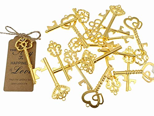 50pcs Skeleton Key Bottle Opener Wedding Party Favor Souvenir Gift with Escort Tag and Jute Rope (Gold Tone,5 styles)