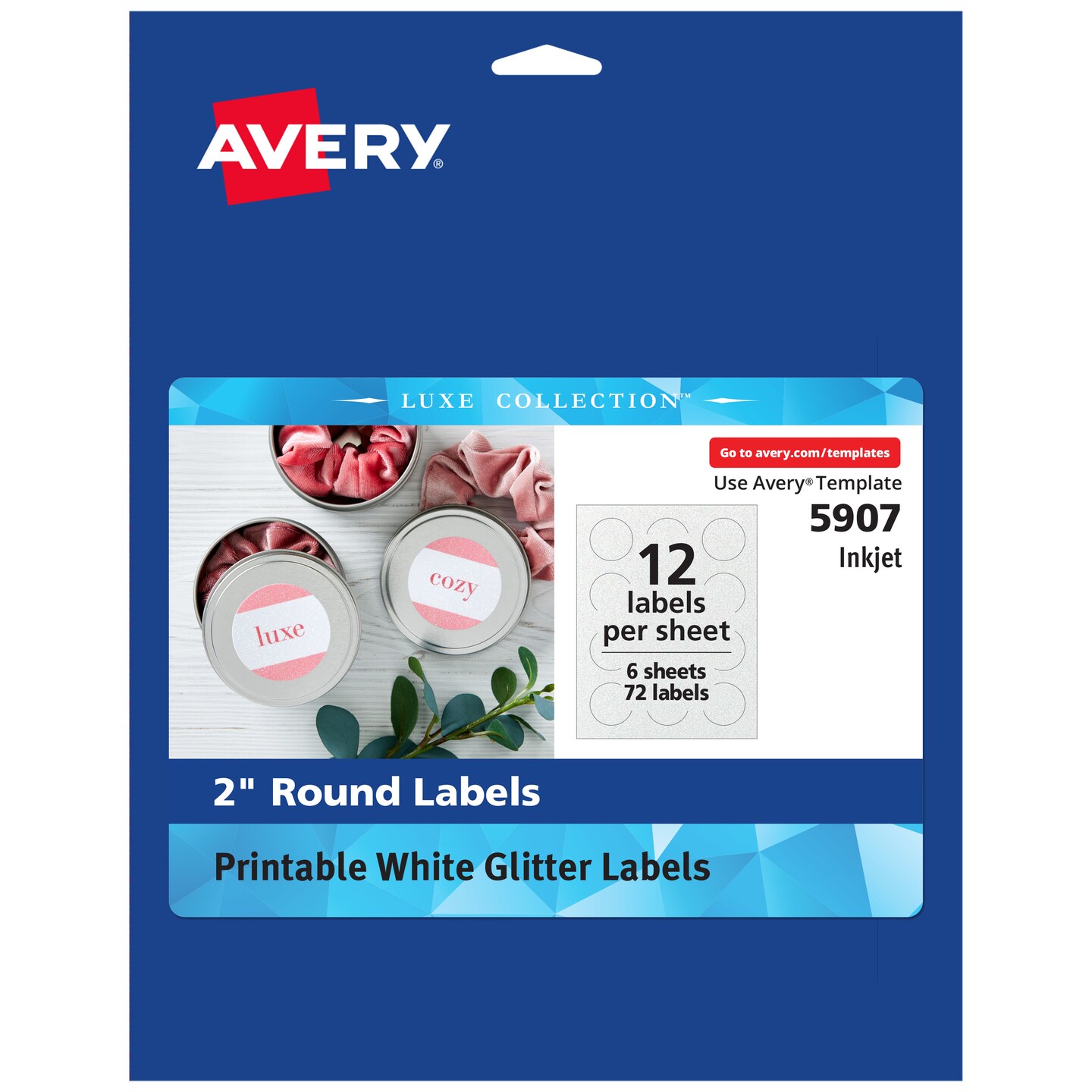 Avery Luxe Collection Glitter Stickers, 2&#x22; Diameter, Mess-Free White Glitter, Print to the Edge, Easy Peel, Printable Glitter Sticker Paper for Inkjet Printers, 72 Round Labels Total (05907)