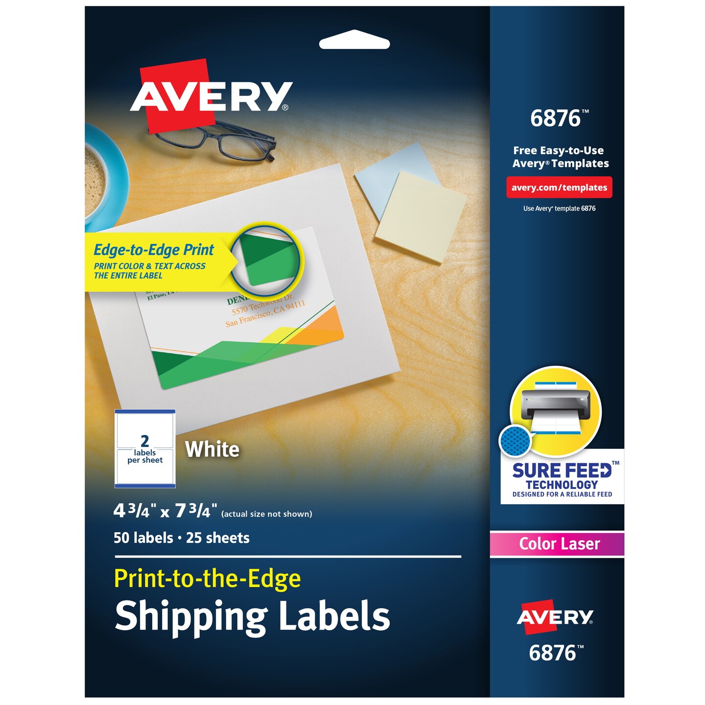 Avery Shipping Labels, Sure Feed Technology, Print to the Edge, Permanent Adhesive, 4-3/4&#x22; x 7-3/4&#x22;, 50 Labels (6876)