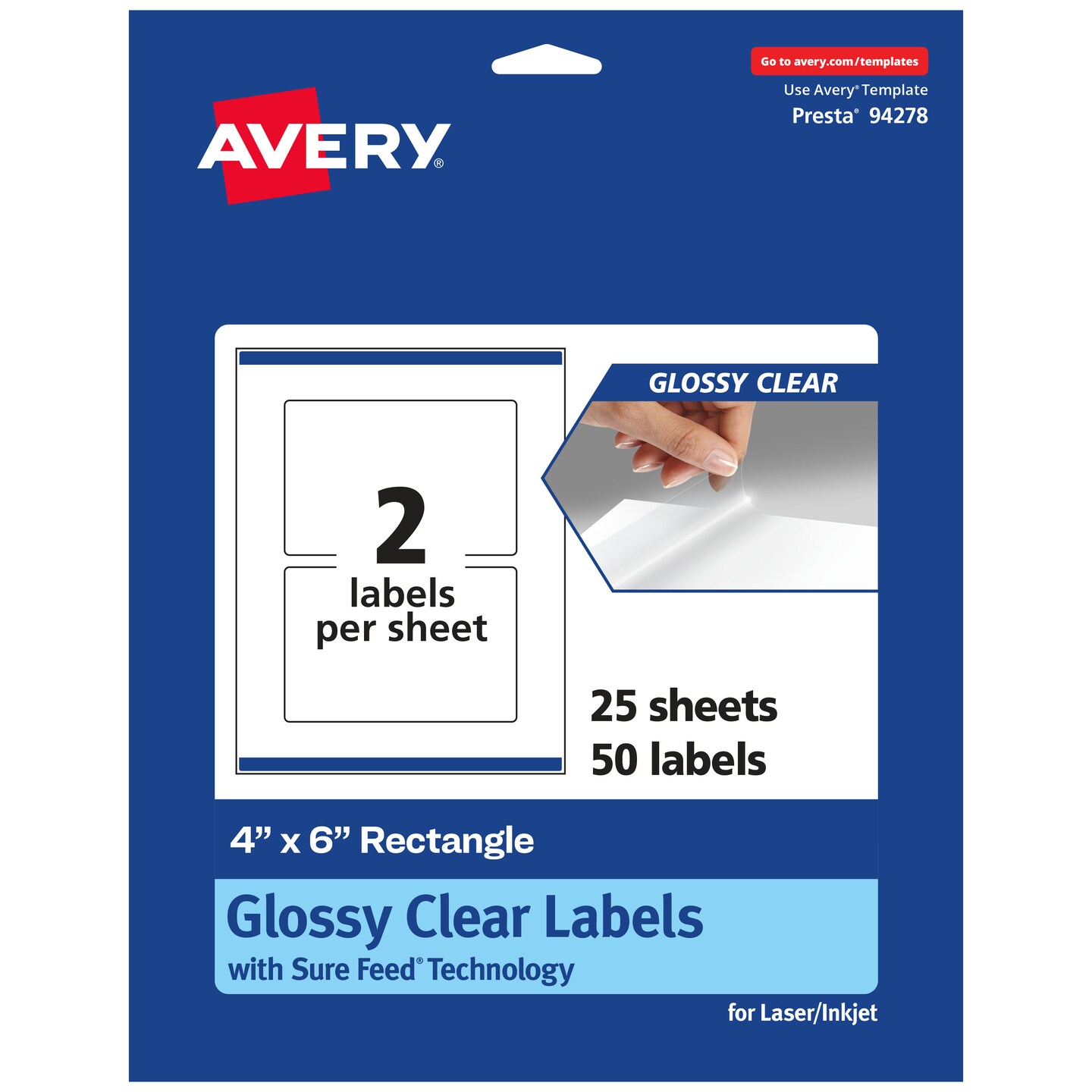 Avery Glossy Clear Rectangle Labels with Sure Feed, 4&#x22; x 6&#x22;