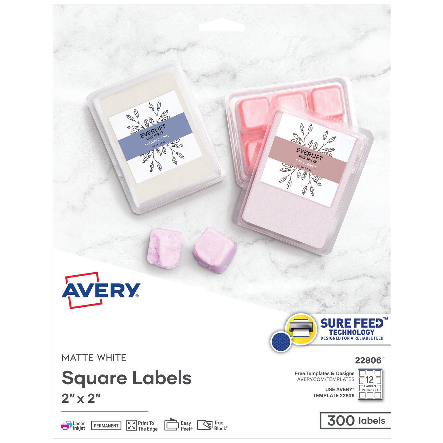 Avery Printable Blank Square Labels, 2&#x22; x 2&#x22;, Matte White, 300 Customizable Labels (22806) - 5 Pack