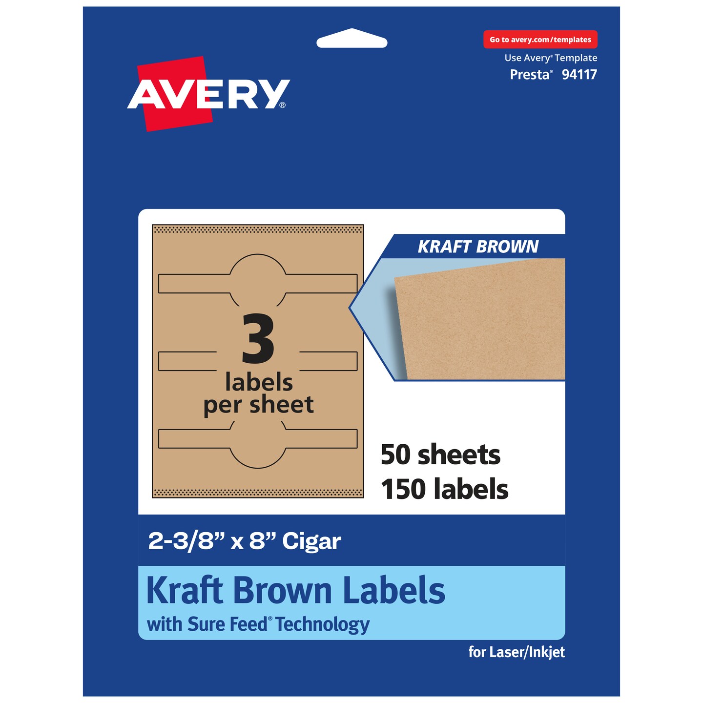 Avery Kraft Brown Cigar Labels with Sure Feed, 2-3/8&#x22; x 8&#x22;