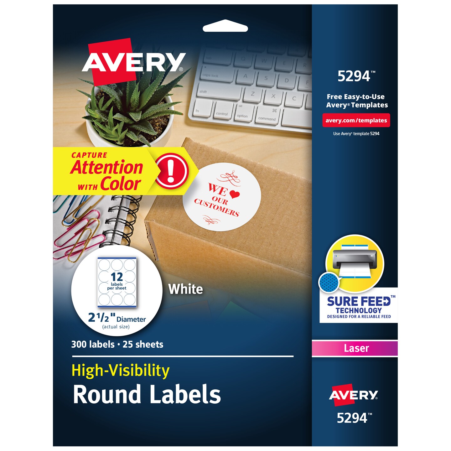 Avery High Visibility Round Labels with Sure Feed for Laser Printers, 2-1/2&#x22;, 300 Labels (5294)