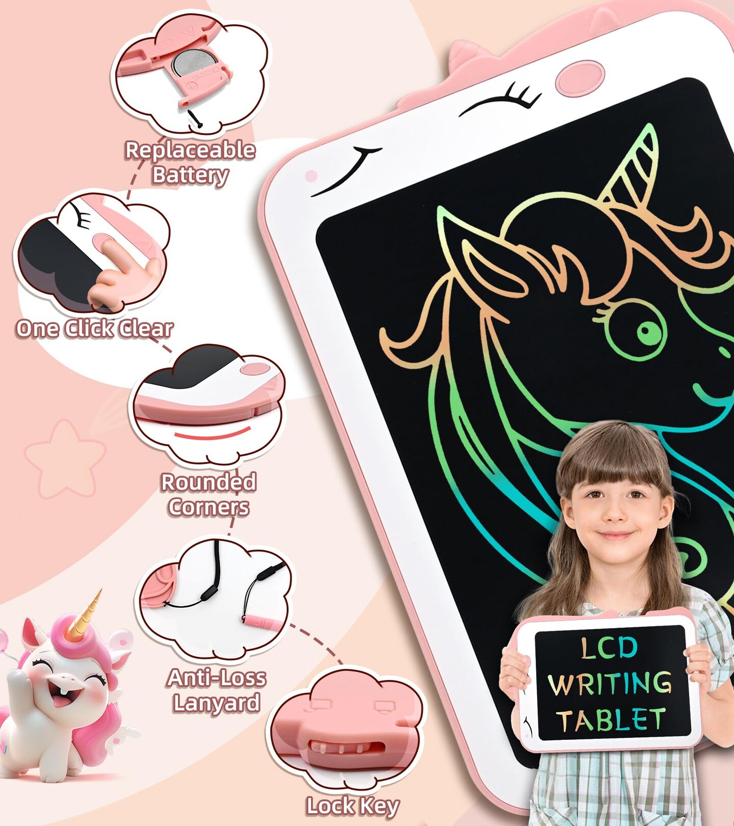 LCD Writing Tablet Kids Toys for Girls Boys Age 2-3 Gift Ideas, Unicorn Colorful Doodle Board Educational Learning Toys for Children 3 4 5 6 7 8 Years Old, Toddler Drawing Pad Travel Toys