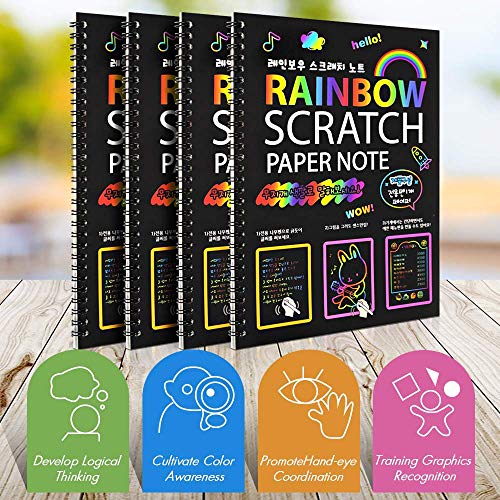 12 Pieces of Set , 4 pck Scratch Arts Drawing Notebook for Kids Drawing Pad, Large Rainbow Scratch Drawing Paper Set for Kids Art Supplies (with 4 Wooden Stylus & 4 Drawing Stencils)