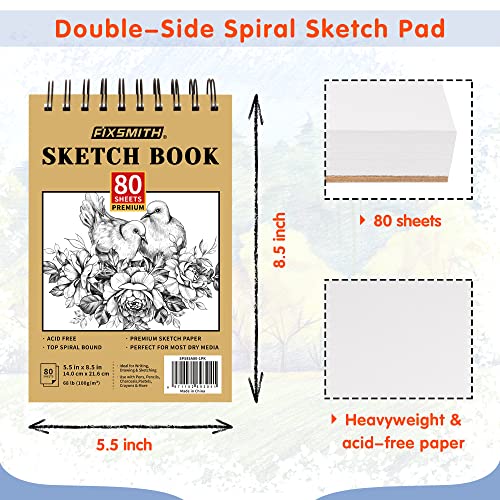 FIXSMITH 5.5&#x22;X8.5&#x22; Sketch Book | 80 Sheets (68 lb/100gsm) Sketchbook | Top Spiral Bound Artist Sketch Pad | Acid Free Drawing Pad | Ideal for Kids, Beginners, Artists &#x26; Painters | Bright White