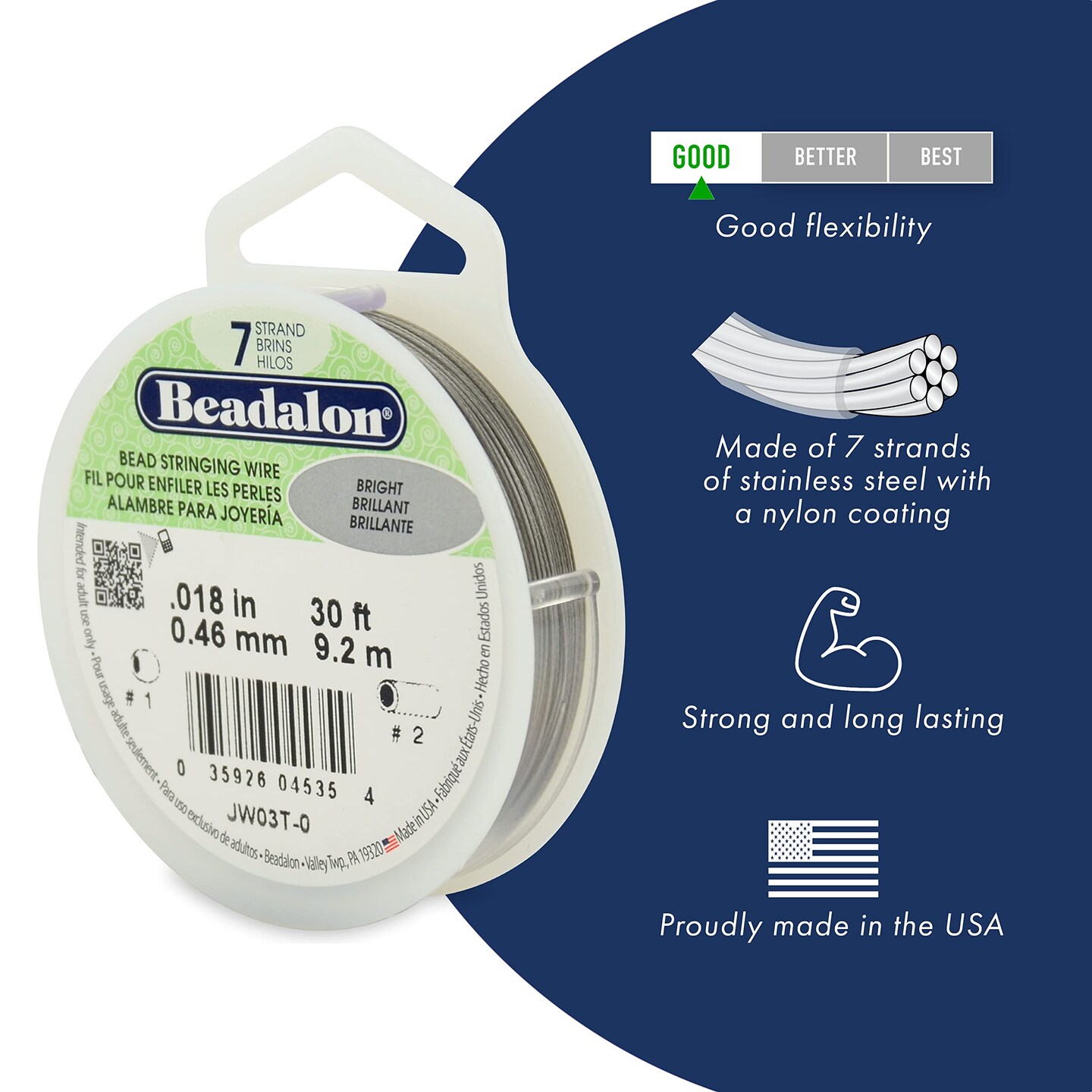 Beadalon 7 Strand Stainless Steel Bead Stringing Wire.018 in / 0.46 mm, Bright, 100 ft / 31 m
