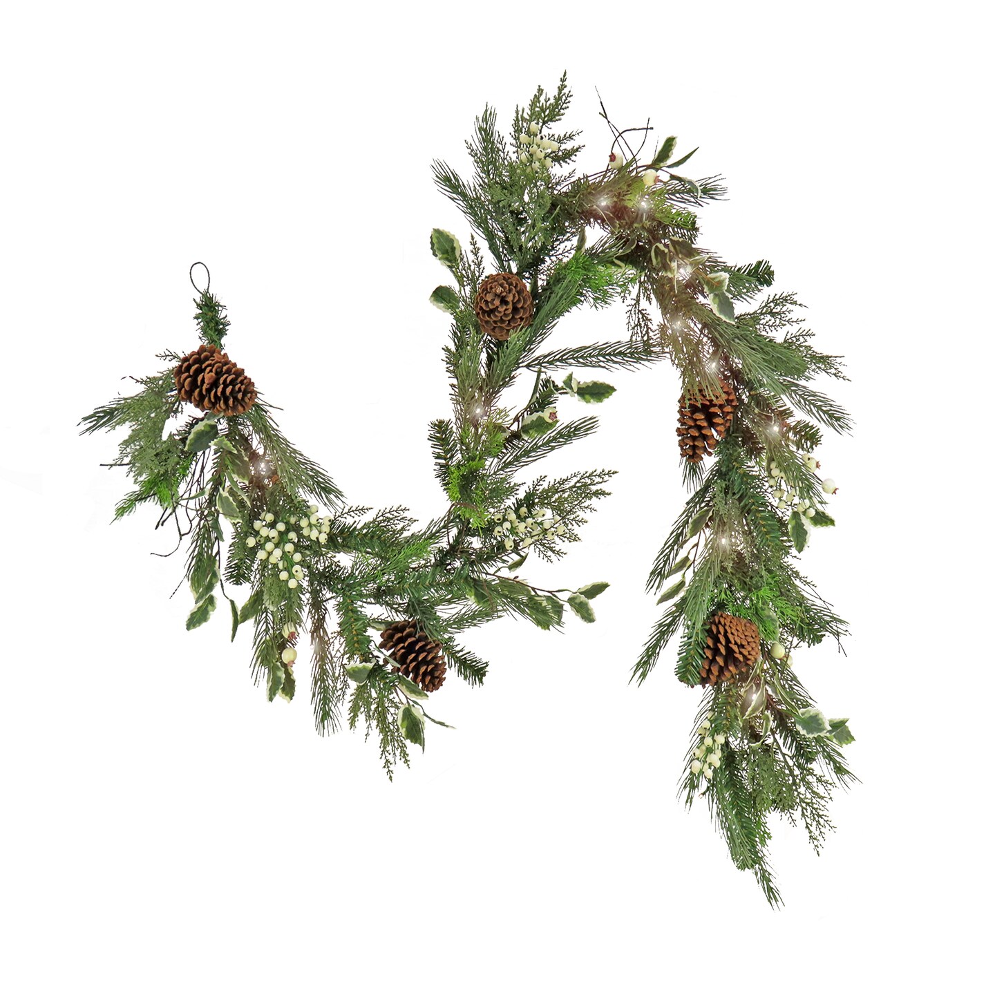 HGTV Home Collection Pre Lit Artificial Christmas Garland, Mixed Branch Tips, Decorated with Pinecones, Holly, and Berries, Battery Powered, 6 Feet