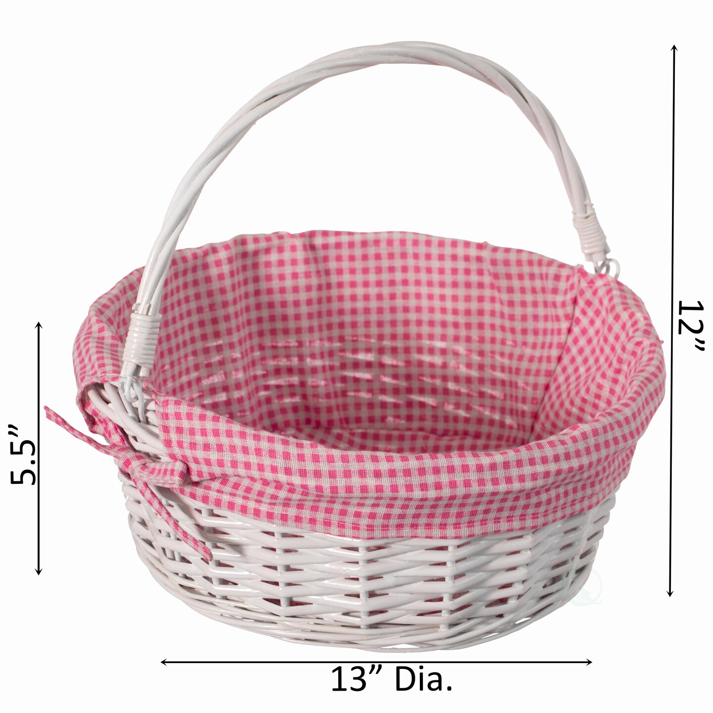 Traditional White Round Willow Gift Basket with Gingham Liner and Sturdy Foldable Handles, Food Snacks Storage Basket