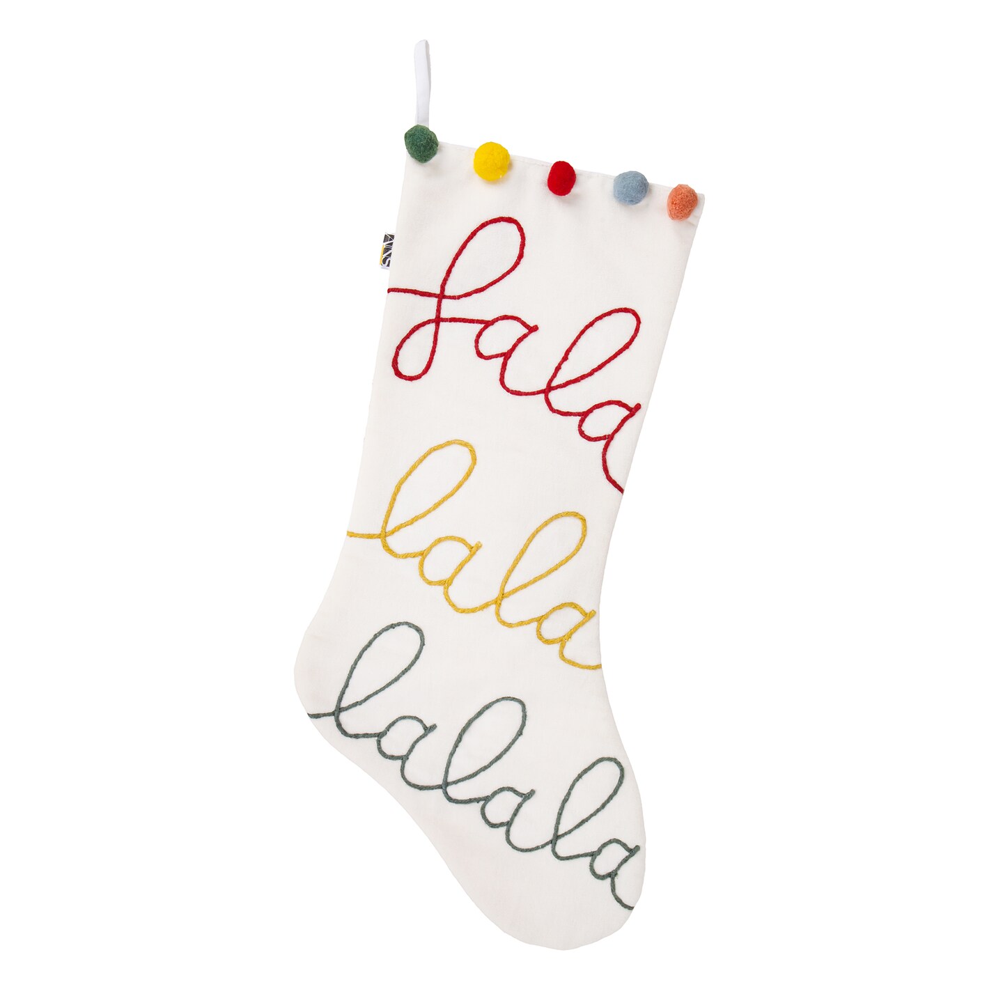 HGTV Home Collection by National Tree Company Christmas Stocking, White, Fa La La, Embroidered, Pom Poms, 20 Inch