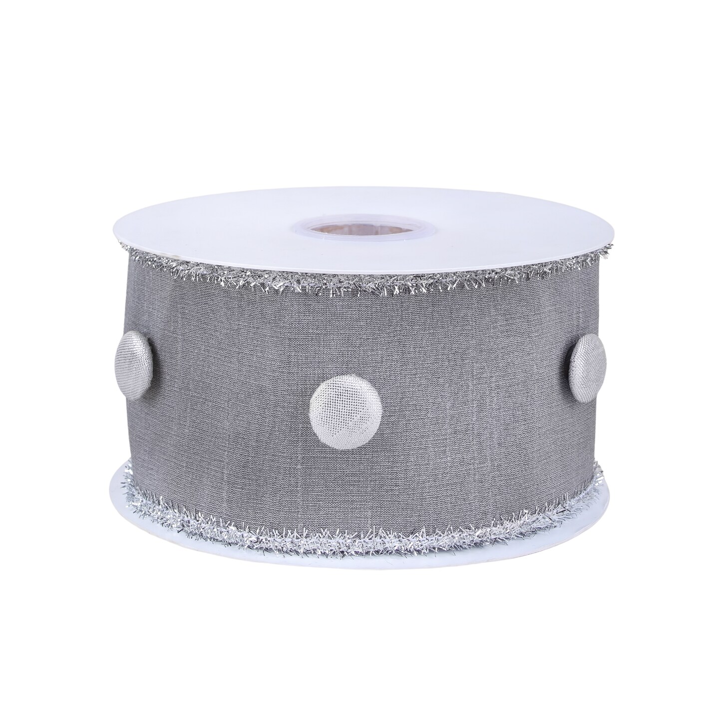 HGTV Home Collection by National Tree Company Silver Dupioni White Button Ribbon with Silver Tinsel Piping, 3 Inch