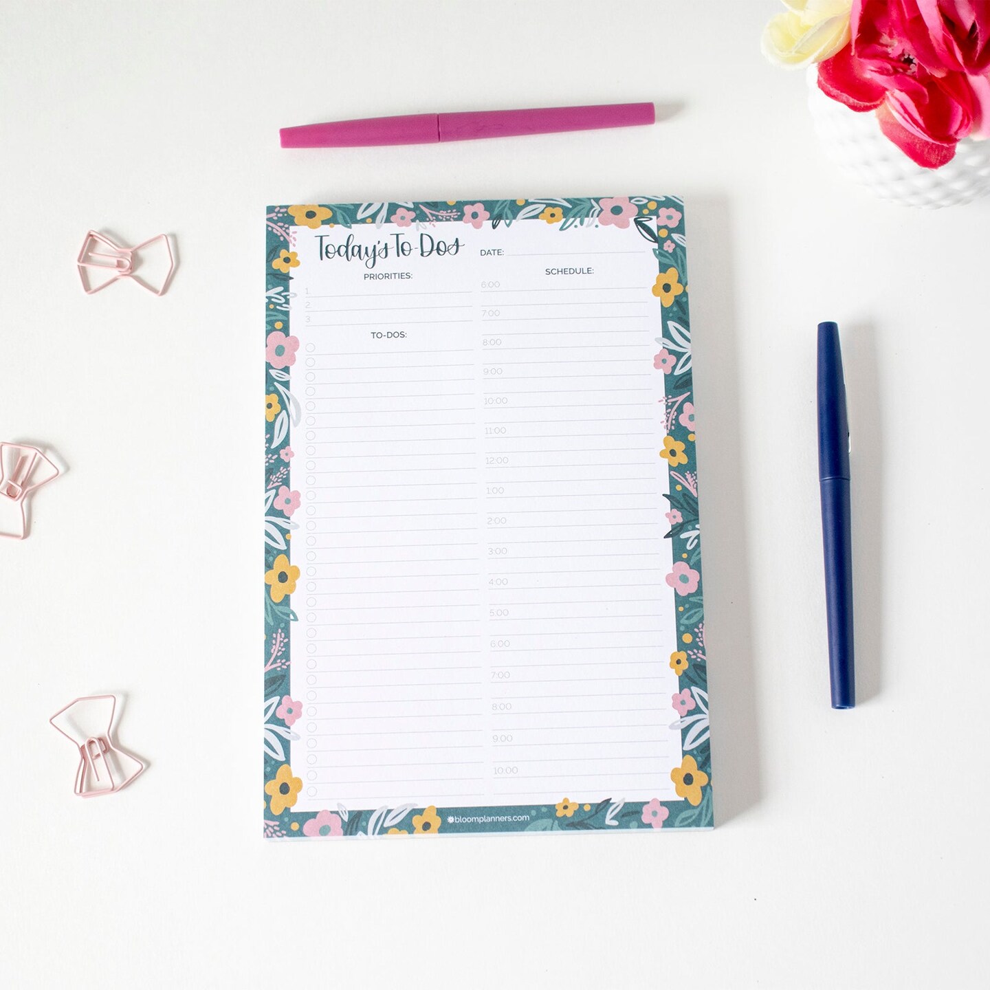 bloom daily planners Planning Pad, 6&#x22; x 9&#x22;, Timed Daily Pad, Garden Blooms