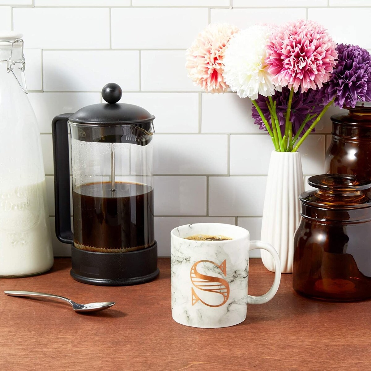 Rose Gold Letter S Monogram Mug, White Marble Ceramic Coffee Cup (11 oz)