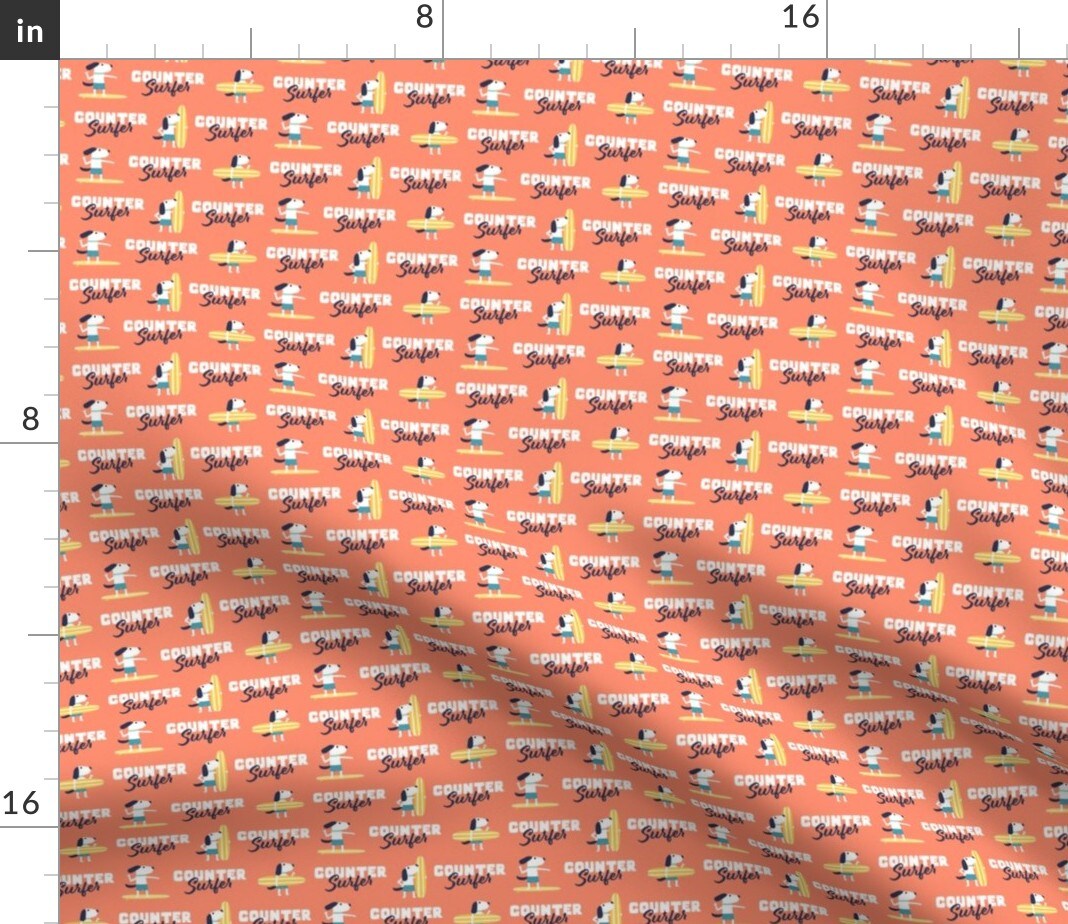 Dogs Summer Beach Surfing Coral Counter Surfer Small Scale Micro Custom Printed Fabric by Spoonflower Various Fabrics by the Yard or Fat Quarter