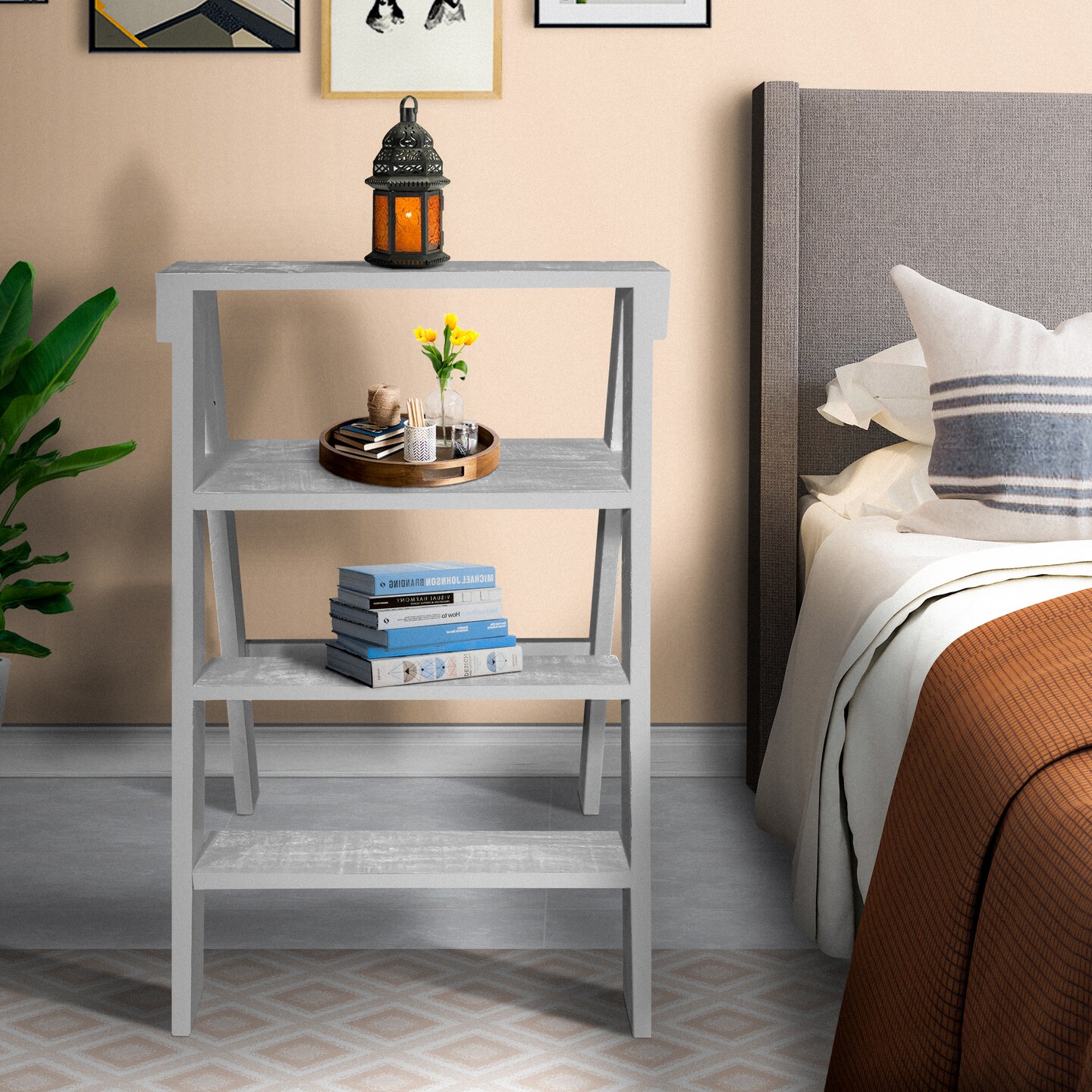 Saltoro Sherpi 27 Inch Wooden Ladder Bookshelf, 4 Tier Open Shelving, Weathered White,