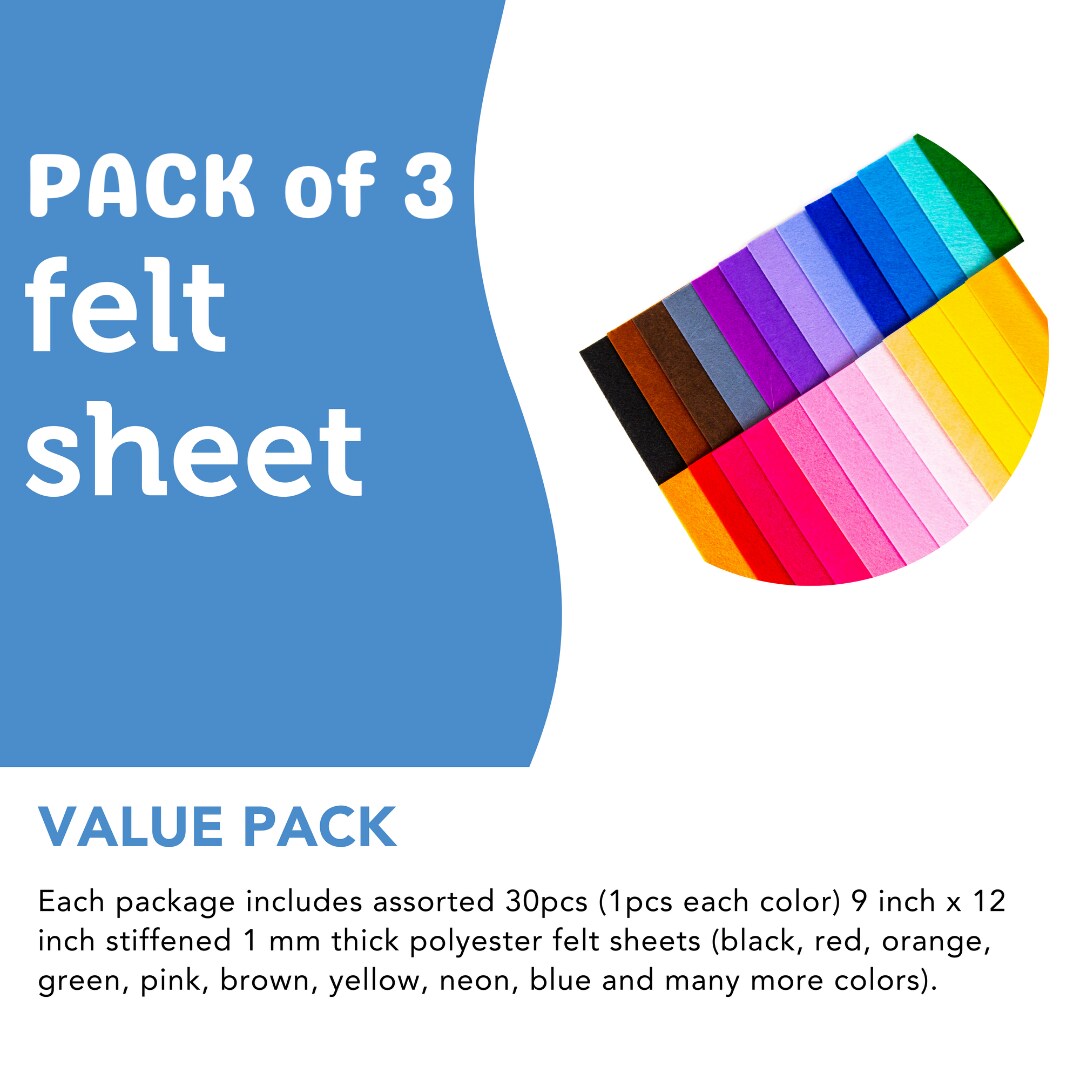 3 PACK - Incraftables Felt Sheets for Crafts (30 Pieces). Best Colored Felt Fabric Sheets (1mm Thick). Assorted Stiff Felt Sheets Paper Pack of 30 Colors (9” x 12”) for DIY Decorations & Sewing Projects
