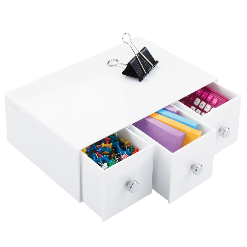 mDesign Plastic Stackable Desktop Storage Tower for Office, 3 Drawers, White