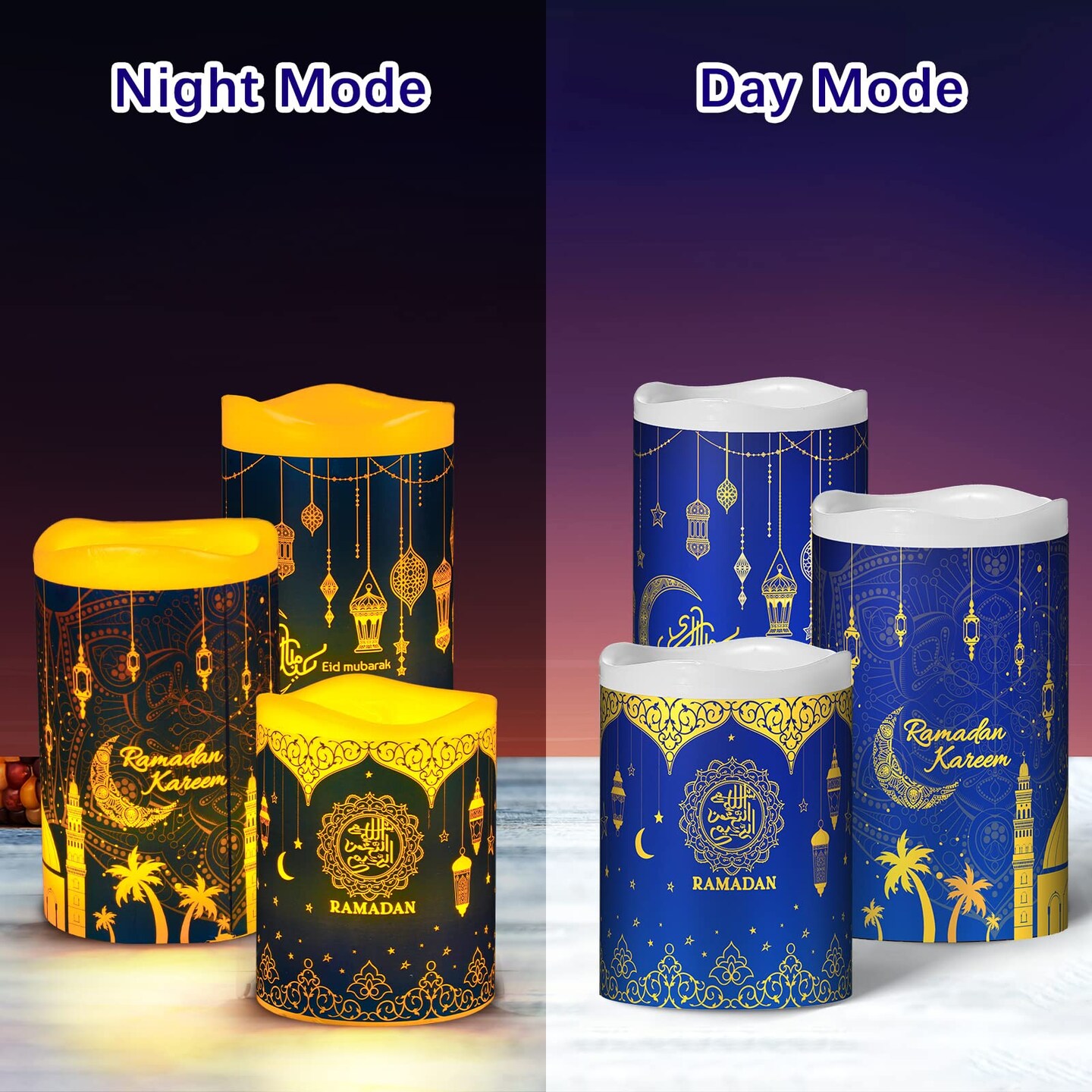 3 Pieces Eid Mubarak Flameless LED Candles Lights Eid Decor Candle Lights with Timer Warm White Battery Operated Electric Led Muslim Ramadan Candle Lights for Party Supplies Home Decor