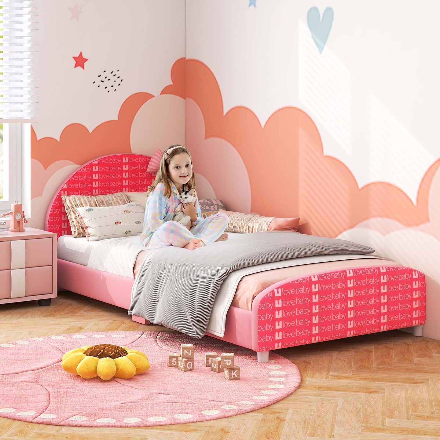 Honeyjoy Children Twin Size Upholstered Platform Single Bed with Headboard & Footboard Pink
