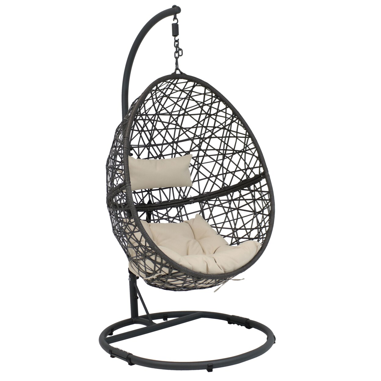 Sunnydaze Resin Wicker Hanging Egg Chair With Steel Stand/Cushions - Beige