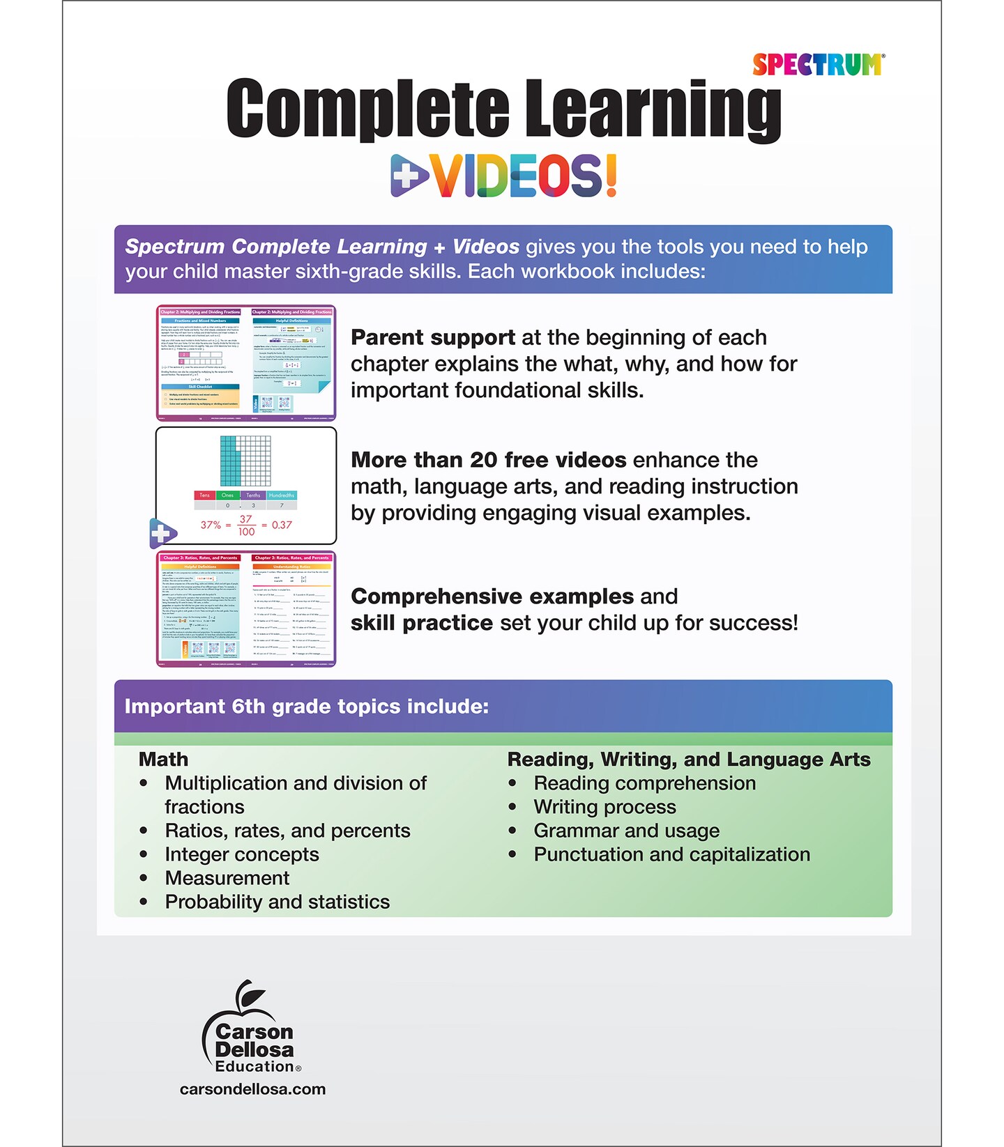 Spectrum Complete Learning + Videos 6th Grade Workbook All Subjects, Language Arts, Reading Comprehension, Writing, and Math Book for Kids Ages 11-12 With Video Tutorials