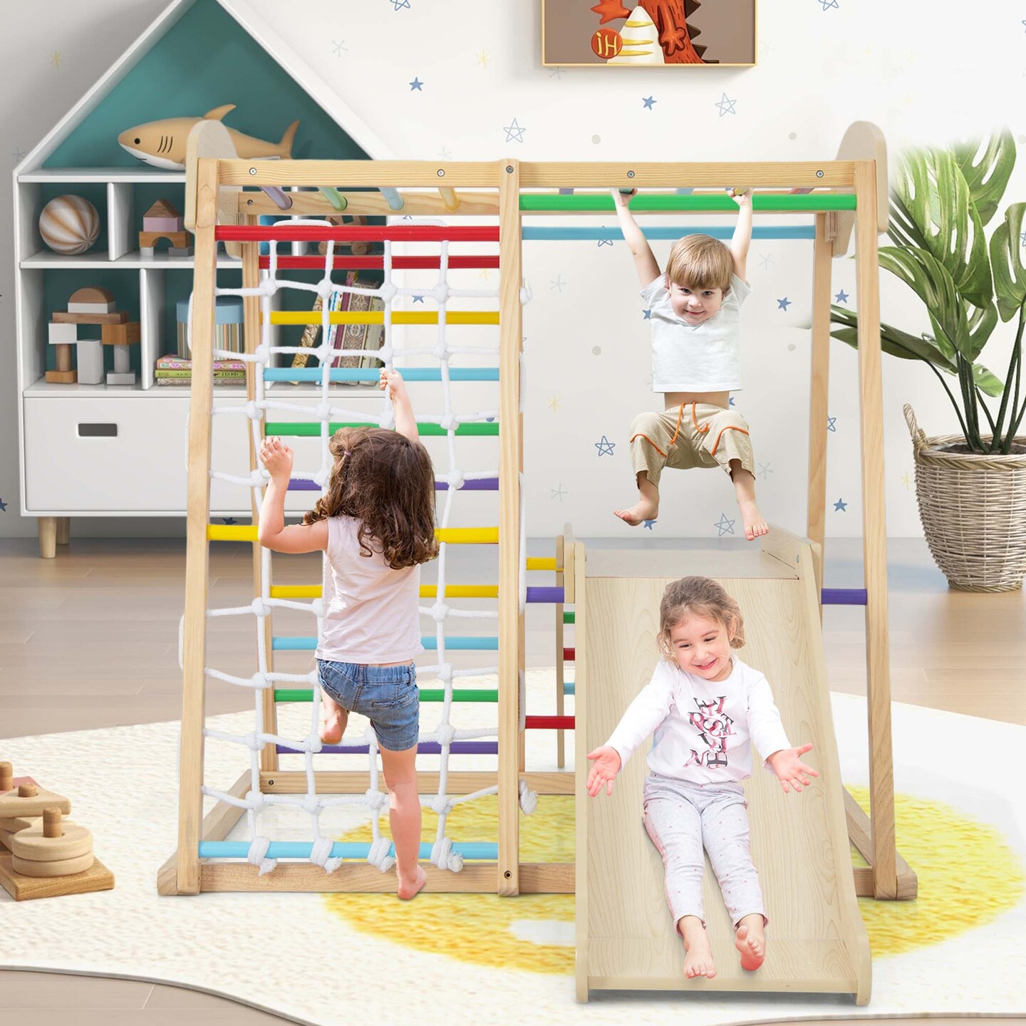 Costway 6-in-1 Indoor Jungle Gym Wooden Playground Climber Playset for Kids 1+ Years Multicolor/Natural