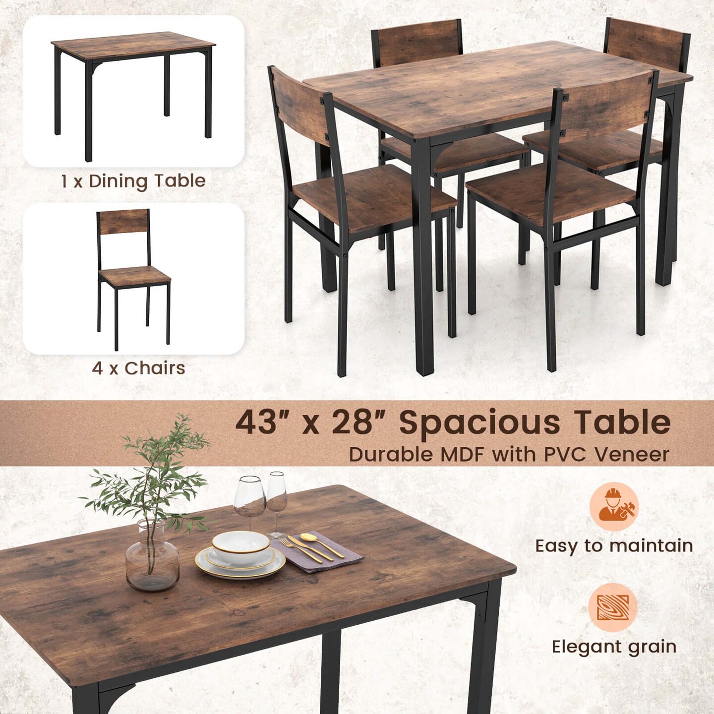 Costway 5 Piece Dining Table Set Industrial Style Kitchen Table & Chairs for 4 Brown