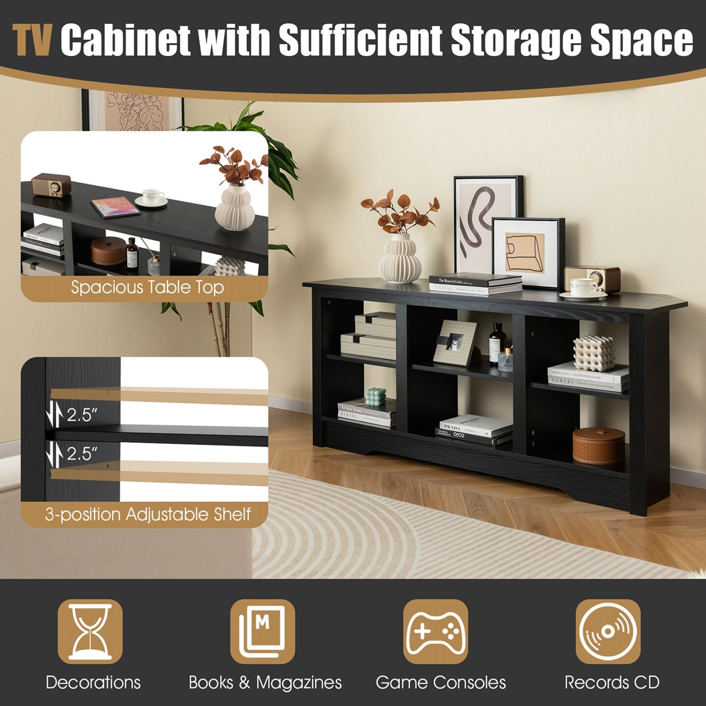 Costway 58&#x22; TV Stand with 6 Open Storage Shelves Shelf for 18 inch Fireplace(not included) Black/Grey