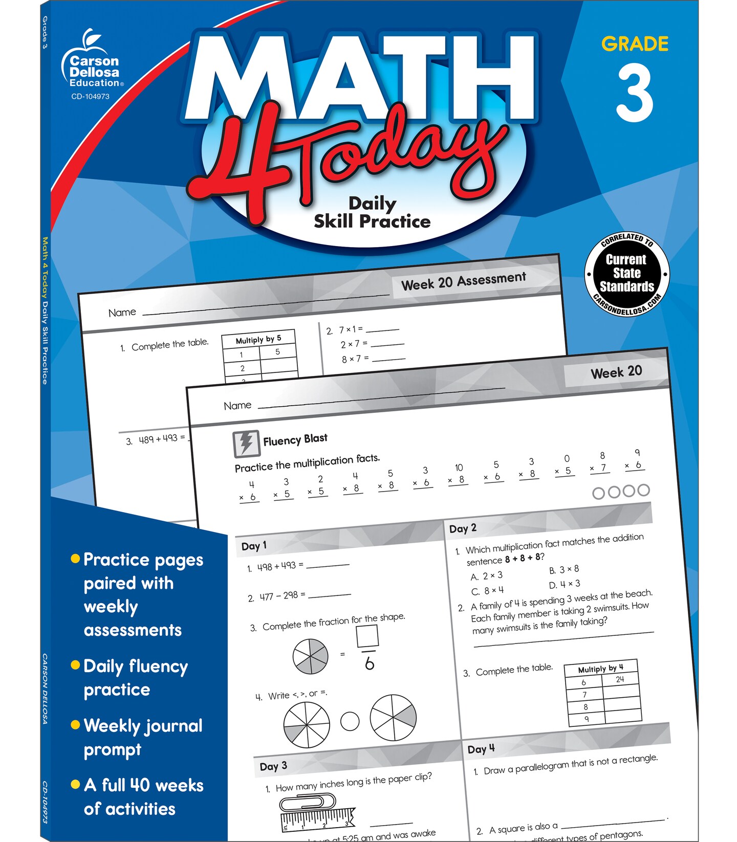 Carson Dellosa Math 4 Today 3rd Grade Workbook, Multiplication, Division, Fractions, Telling Time, Money, and More, Classroom or Homeschool Curriculum