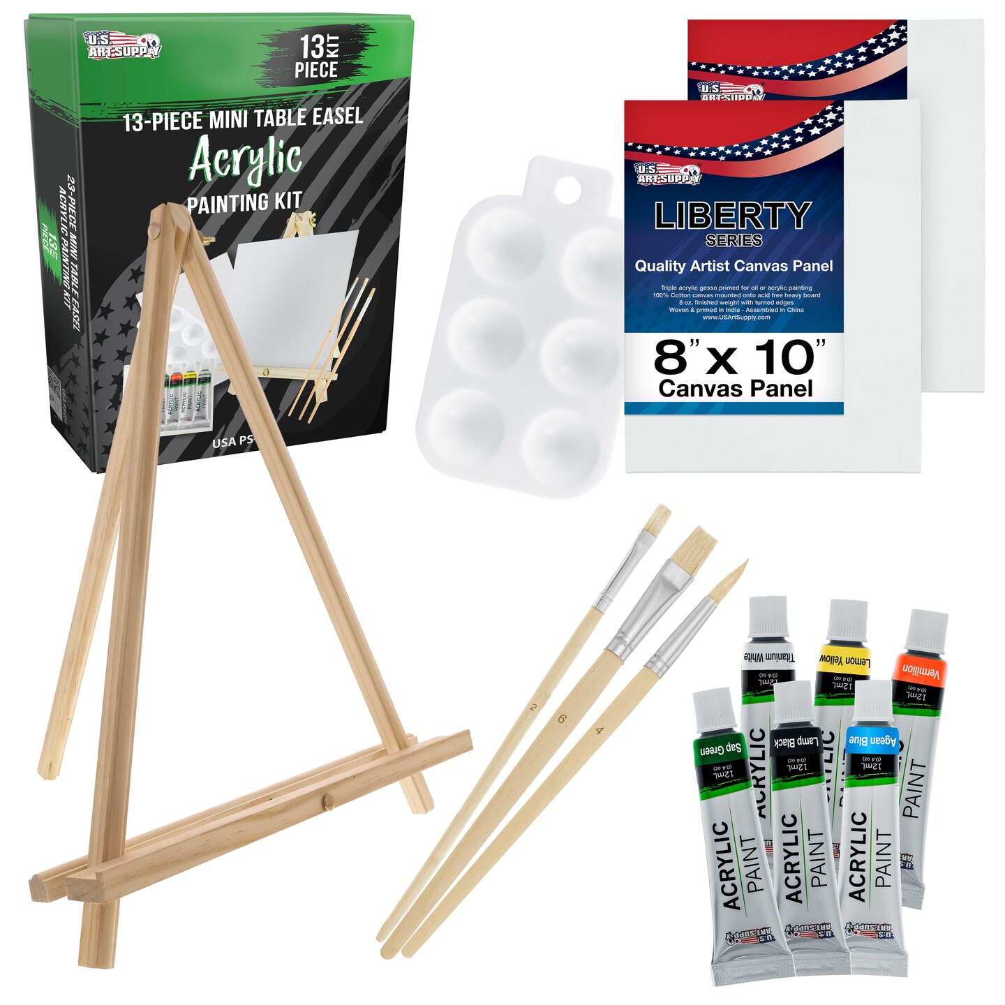 U.S. Art Supply 13-Piece Artist Painting Set with 6 Vivid Acrylic Paint Colors, 12&#x22; Easel, 2 Canvas Panels, 3 Brushes, Painting Palette - Beginners
