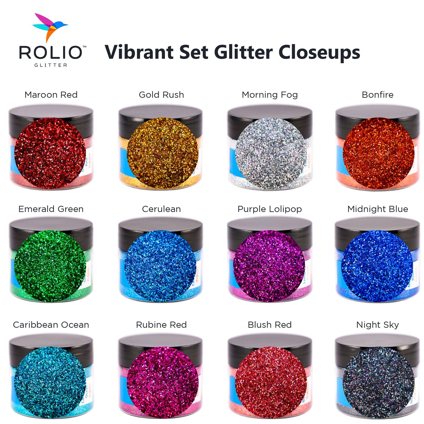Rolio - Holographic Glitter Vibrant Set - 12 Colors, 15g Jars