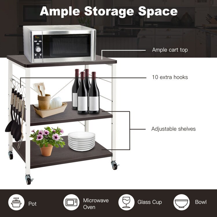 Kitchen Helper Oven Storage Cart 3-Tier Kitchen Baker&#x27;s Rack With Hooks