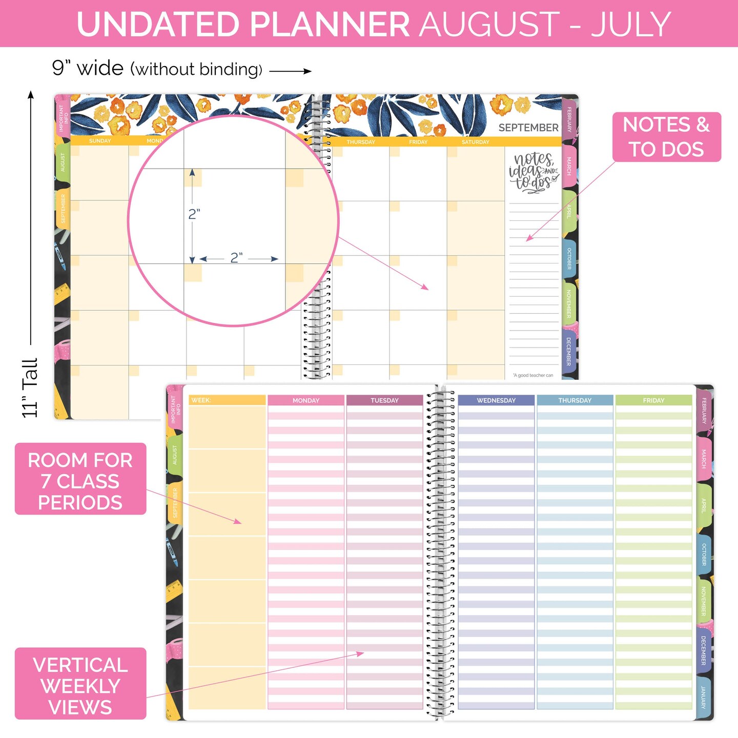 bloom daily planners Undated Teacher Planner &#x26; Calendar, 9&#x22; x 11&#x22; Chalkboard