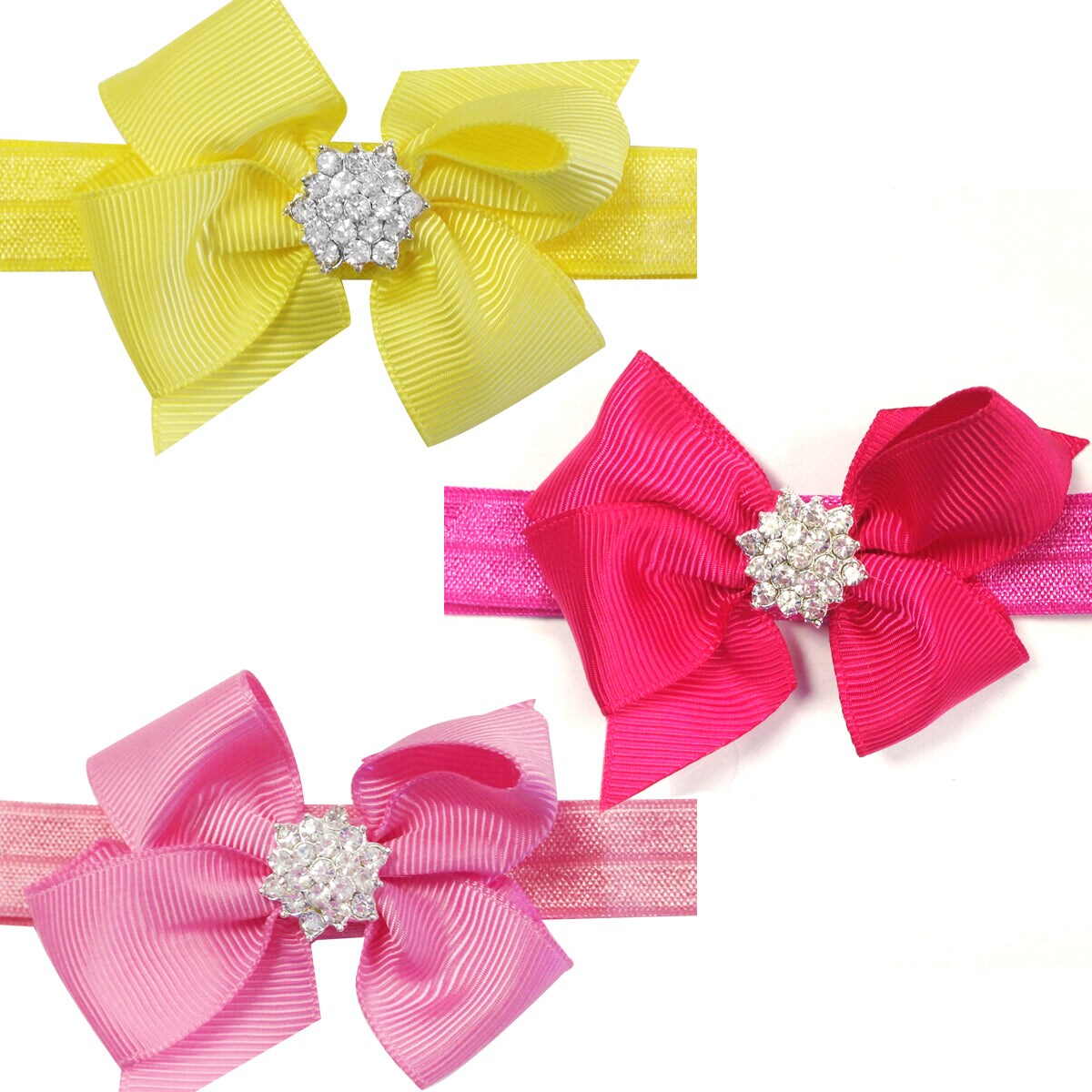 Wrapables Ribbon Bow with Rhinestone Button Center Stretchy Headband, Set of 12