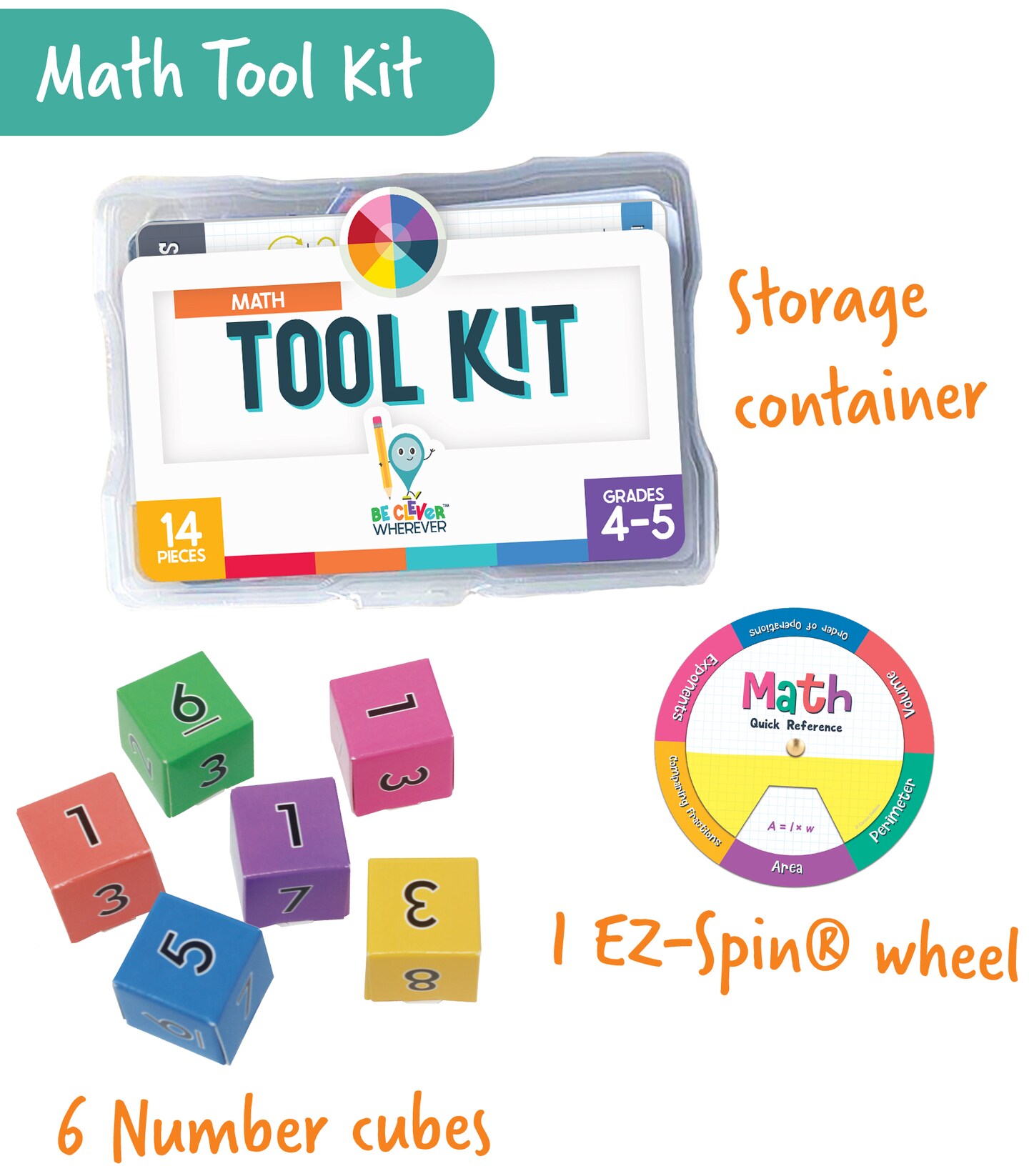 Carson Dellosa 30-Piece Be Clever Wherever Grades 4-5 Mathematics Tool Kit, Sticker Chart, Spin Wheel, Counting Cubes, and More Math Manipulatives Covering Multiplication and Fractions