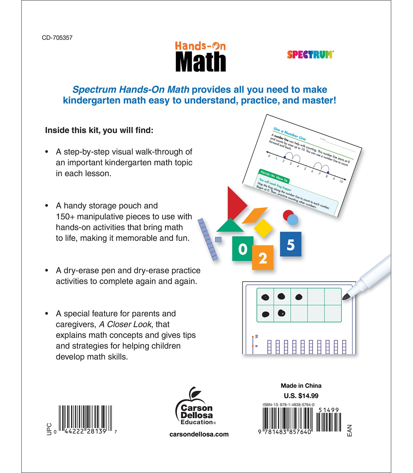 Spectrum Kindergarten Hands-On Math Workbook, Ages 5 to 6, Hands-On Math for Kindergarten, Dry Erase Counting, Addition, Subtraction, and Place Value Math Activities With Dry Erase Pen - 96 Pages