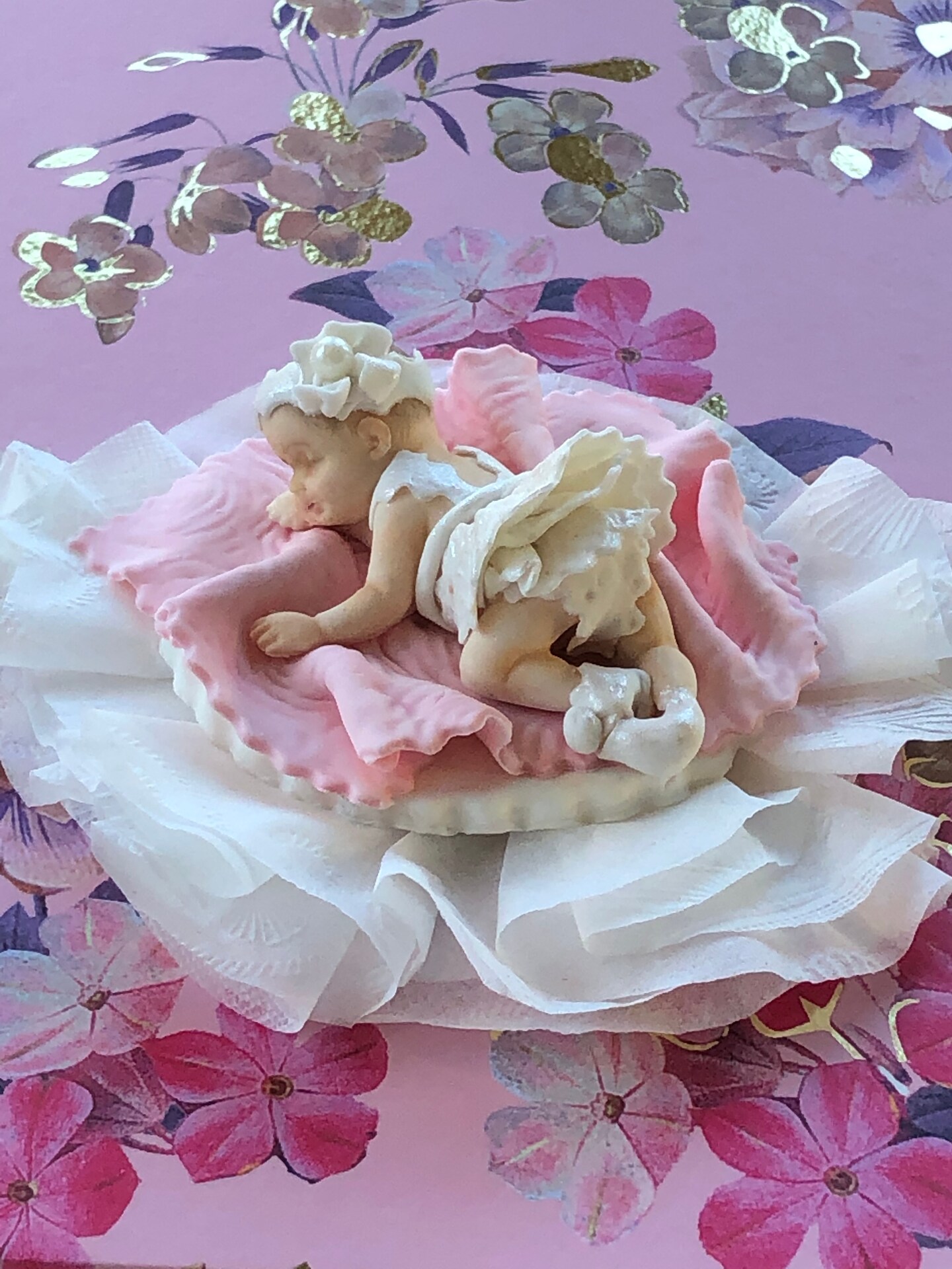 Sleeping baby girl in pearl outfit. Fondant Cake topper. Baby shower