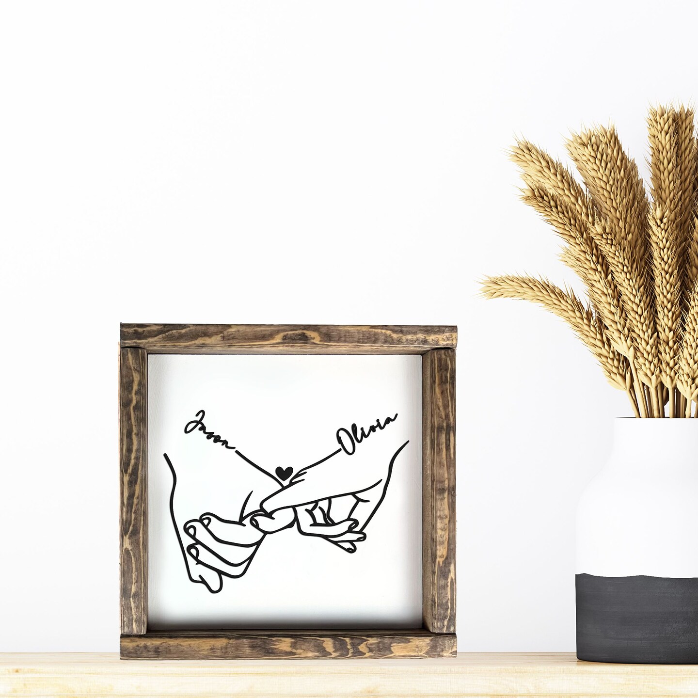 Personalized Couple Hands Line Art 3d Wood Sign, Wedding Gift for