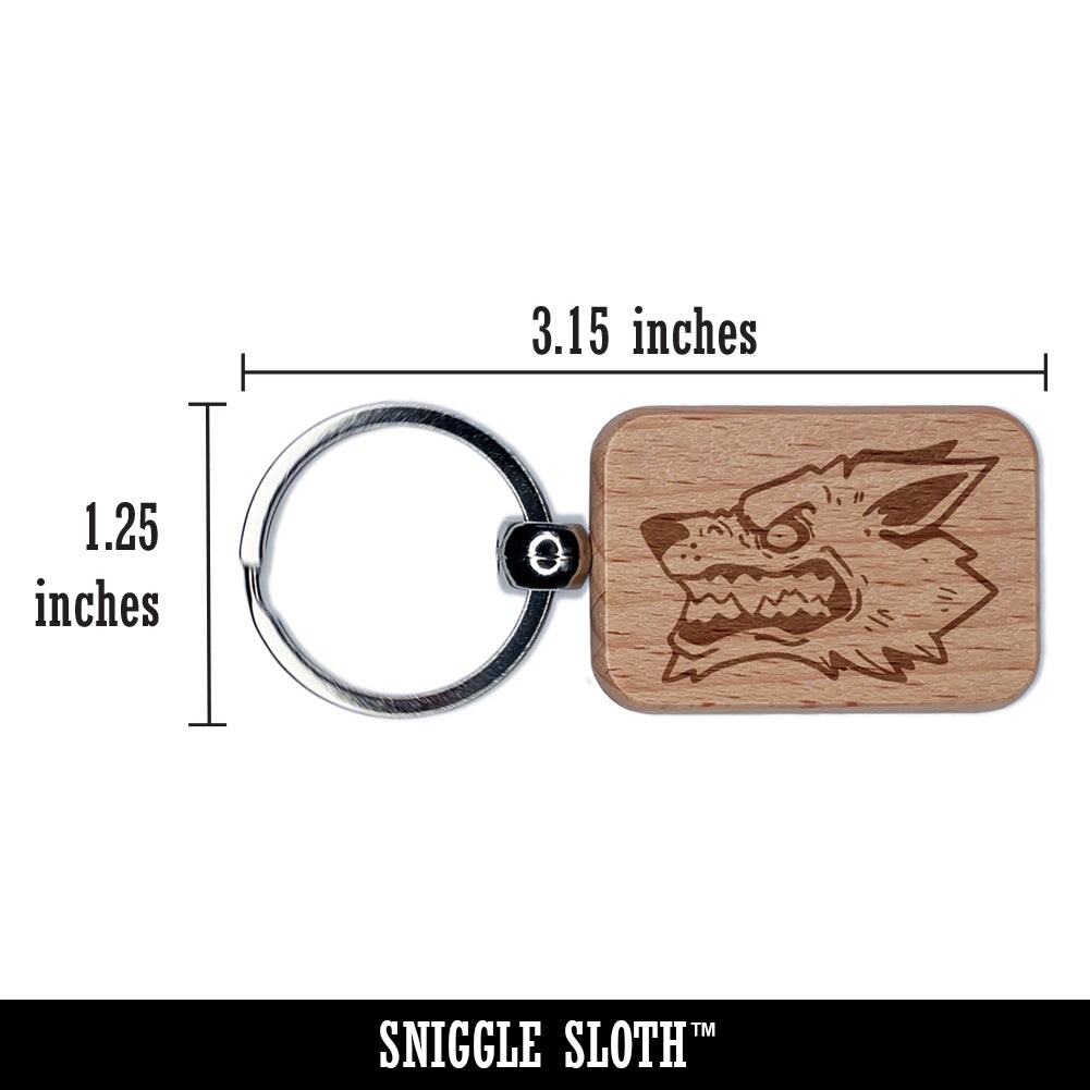 Snarling Angry Wolf Head Engraved Wood Rectangle Keychain Tag Charm