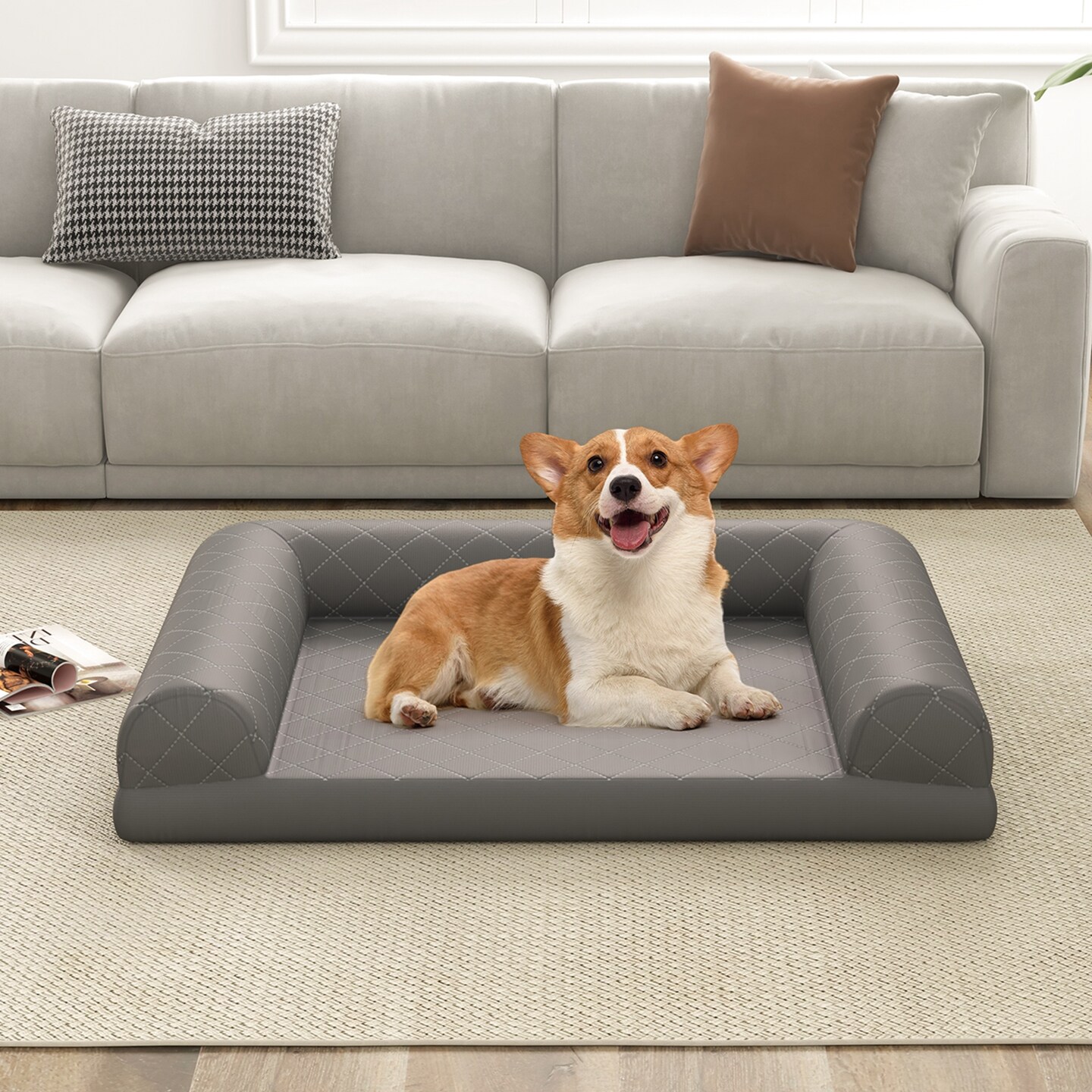 Costway Orthopedic Dog Bed Medium Small Dogs with 3-Side Bolster Non-Slip Bottom Zippers Beige/Grey