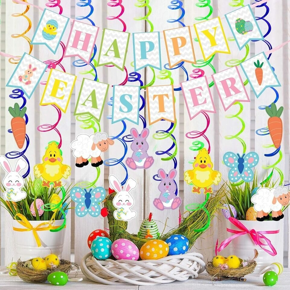 31PCS Easter Decorations Egg Bunny Foil Swirl Party Hanging Decor Mega Value Kit