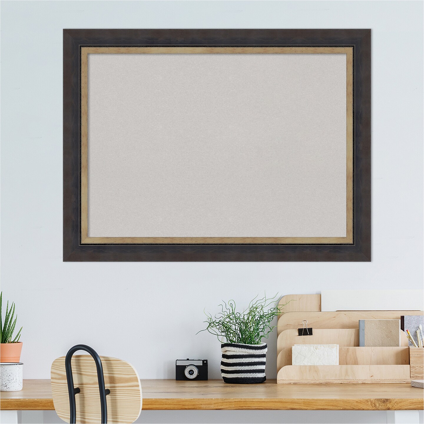 Hammered Charcoal Tan Wood Framed Corkboard, Grey Cork