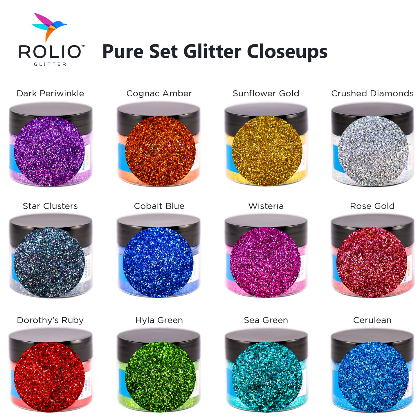 Rolio - Holographic Glitter Pure Set - 12 Color ,15g jars - Cosmetic Grade
